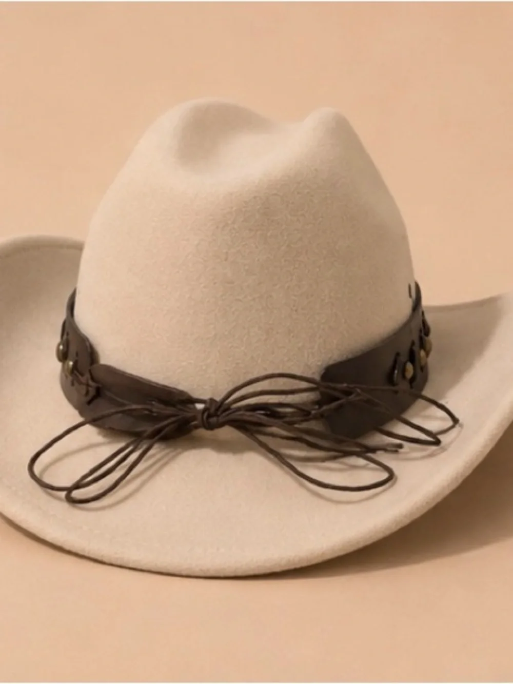 Cream Western Felt Hat with Brown Studded Leather Band